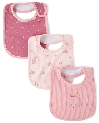 Baby Girls Embroidered Deer Bib 3-Pack