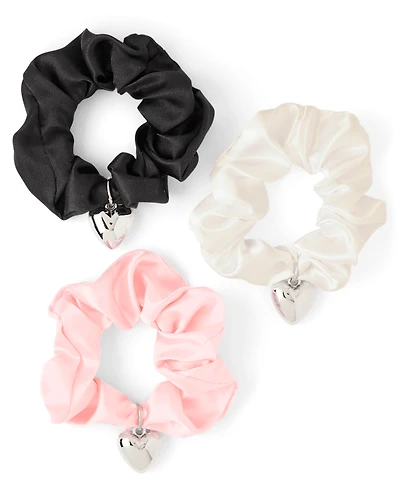 Girls Satin Heart Charm Scrunchie 3-Pack