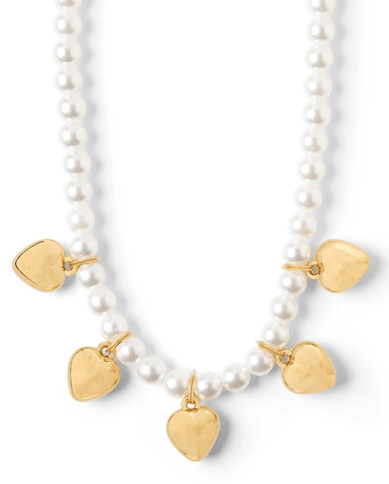Girls Faux Pearl Beaded Heart 2-Piece Jewelry Set