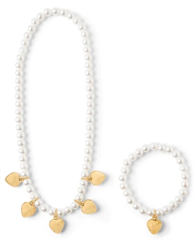 Girls Faux Pearl Beaded Heart 2-Piece Jewelry Set