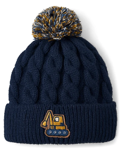 Toddler Boys Embroidered Construction Vehicle Pom Beanie