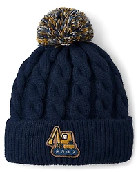 Toddler Boys Embroidered Construction Vehicle Pom Beanie