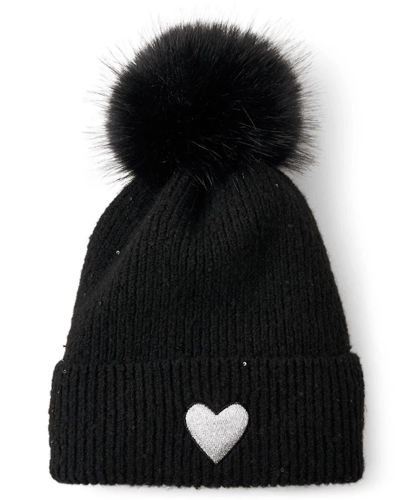 Girls Embroidered Sequin Beanie