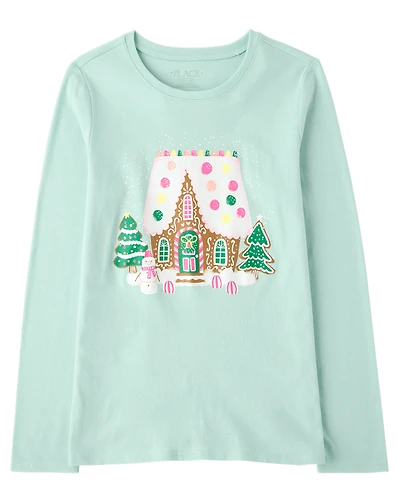 T-shirt graphique de Noël pour filles avec maison en pain d'épice