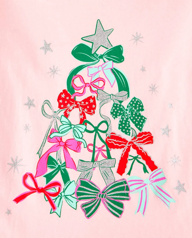 Girls Bow Christmas Tree Graphic Tee