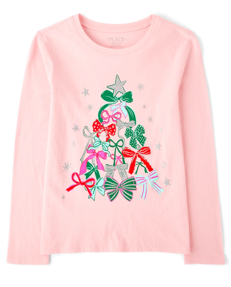 Girls Bow Christmas Tree Graphic Tee