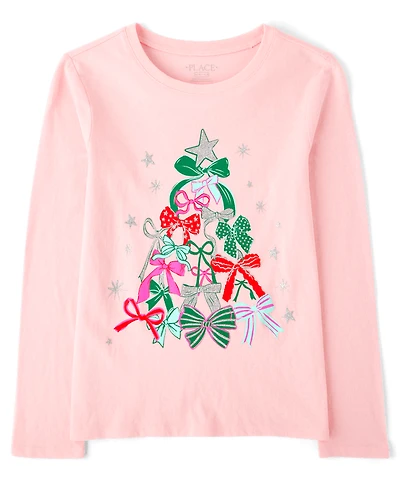Girls Bow Christmas Tree Graphic Tee