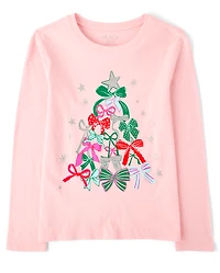 Girls Bow Christmas Tree Graphic Tee