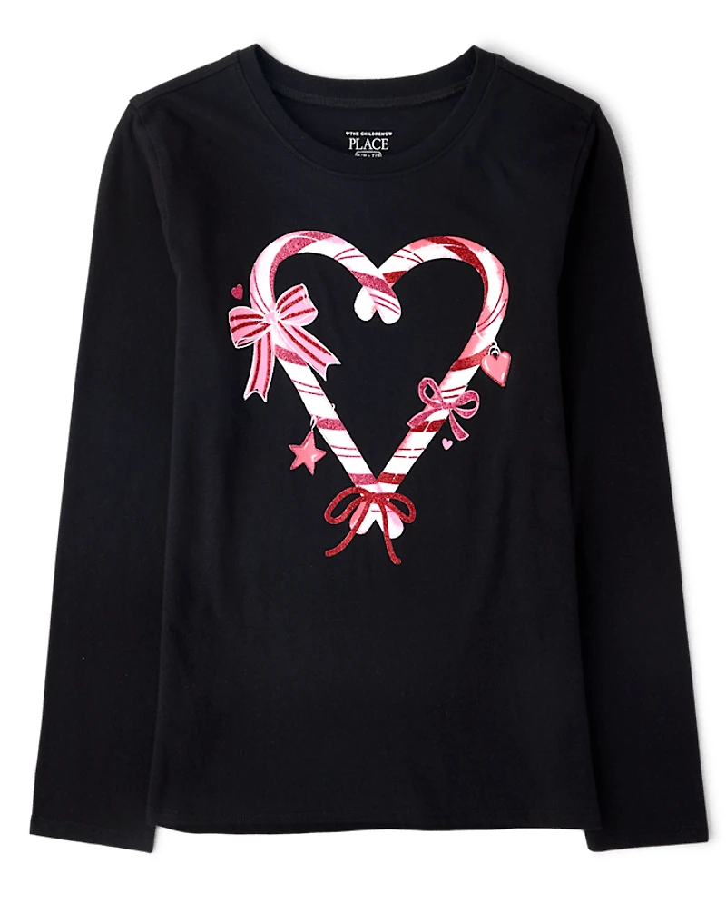 Girls Christmas Candy Cane Heart Graphic Tee