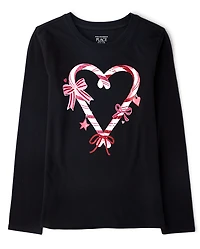 Girls Christmas Candy Cane Heart Graphic Tee