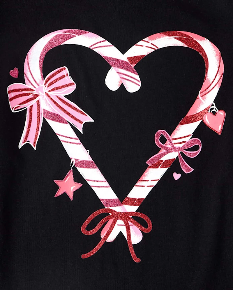 Girls Christmas Candy Cane Heart Graphic Tee