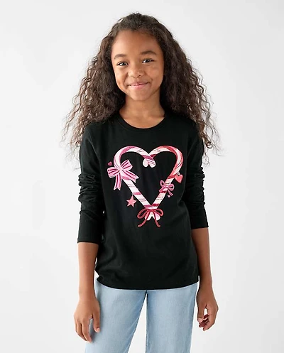 Girls Christmas Candy Cane Heart Graphic Tee