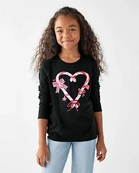 Girls Christmas Candy Cane Heart Graphic Tee