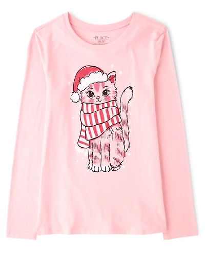 Girls Christmas Cat Graphic Tee