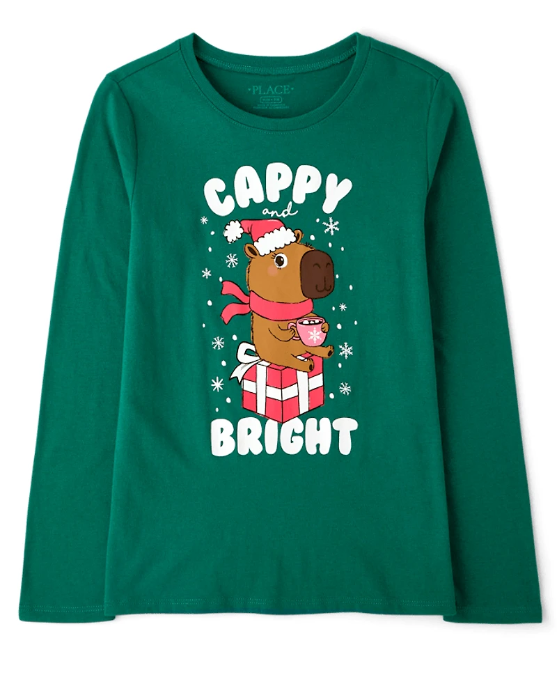 Girls Christmas Capybara Graphic Tee