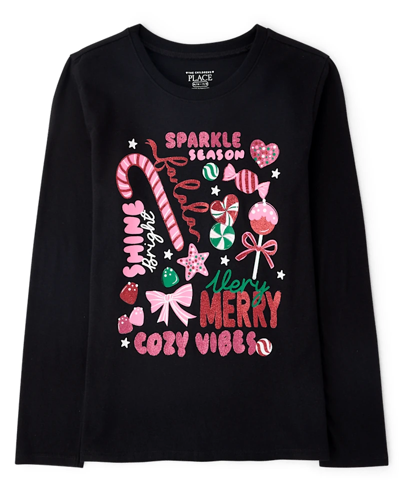 Girls Christmas Doodles Graphic Tee