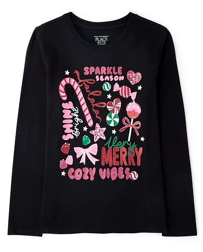 Girls Christmas Doodles Graphic Tee