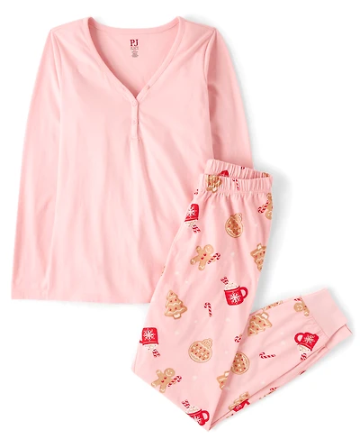 Womens Matching Family Gingerbread Cotton Henley Pajamas