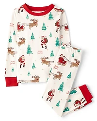 Kids Matching Family Santa Sleigh Snug Fit Cotton Pajamas