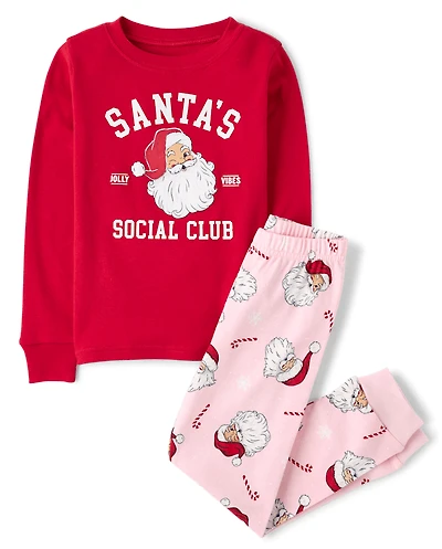Girls Matching Family Santa's Social Club Snug Fit Cotton Pajamas