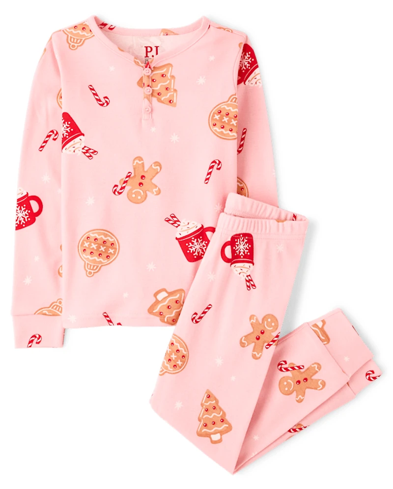 Girls Matching Family Gingerbread Snug Fit Cotton Henley Pajamas