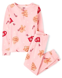 Girls Matching Family Gingerbread Snug Fit Cotton Henley Pajamas