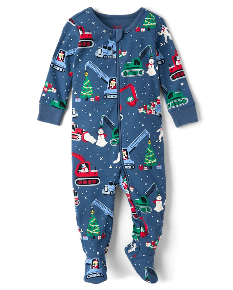 Baby And Toddler Boys Christmas Construction Vehicle Snug Fit Cotton Footed One Piece Pajamas