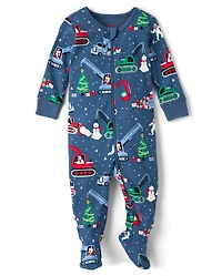 Baby And Toddler Boys Christmas Construction Vehicle Snug Fit Cotton Footed One Piece Pajamas