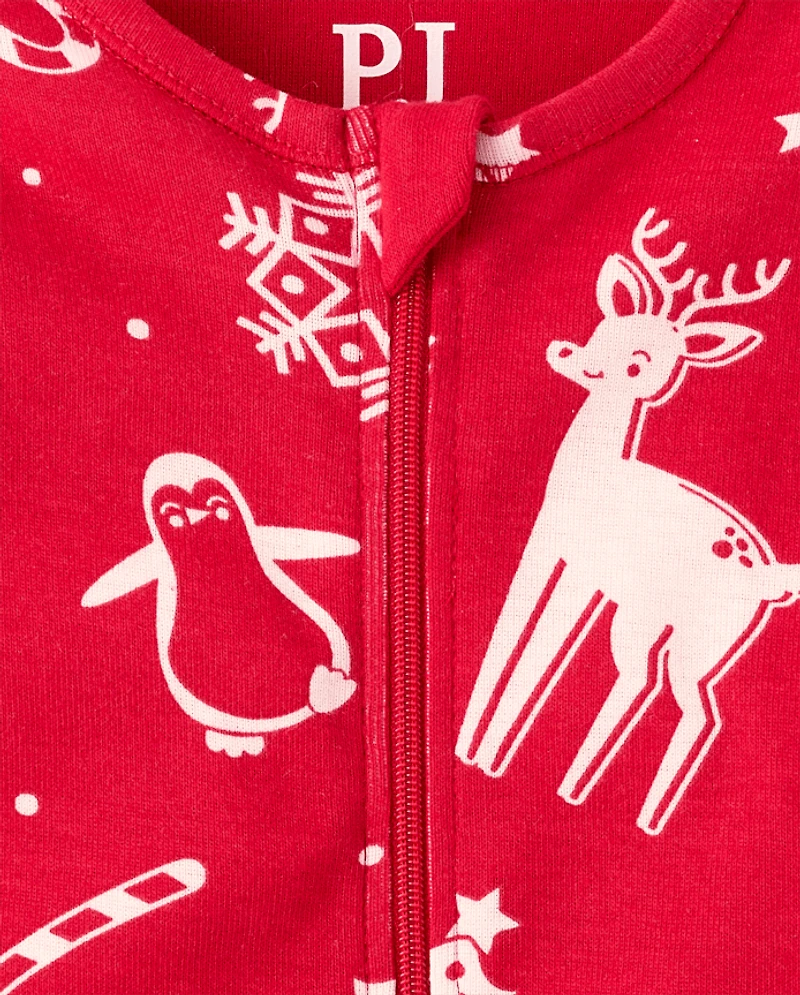 Pyjama une pièce en coton, coupe ajustée, avec pieds, assorti pour bébé et tout-petit, motif Noël familial.