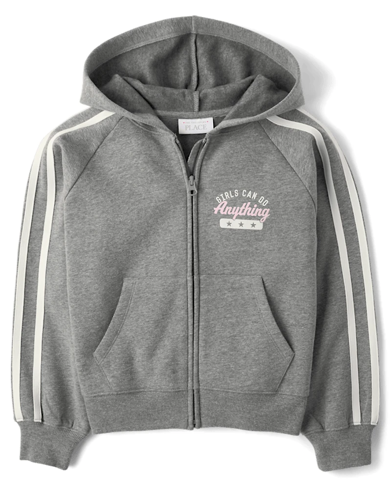 Girls Graphic Side Stripe Premium Fleece Zip Up Hoodie