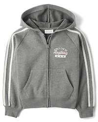 Girls Graphic Side Stripe Premium Fleece Zip Up Hoodie