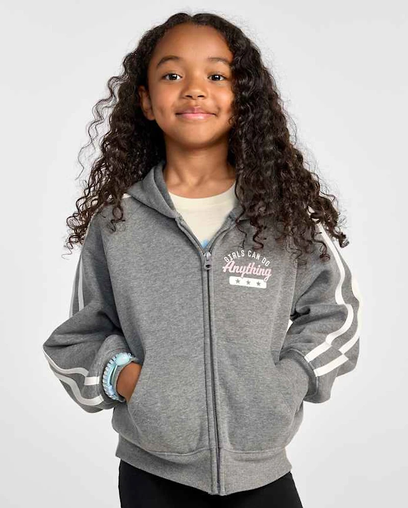 Girls Graphic Side Stripe Premium Fleece Zip Up Hoodie