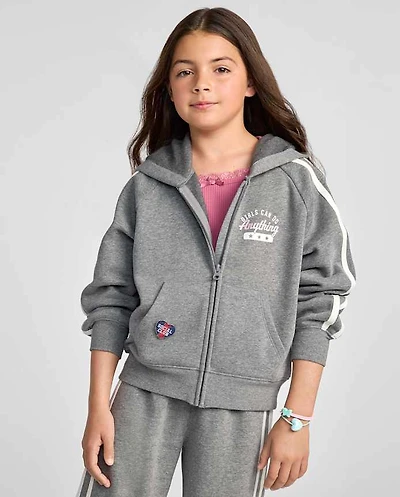 Girls Graphic Side Stripe Premium Fleece Zip Up Hoodie
