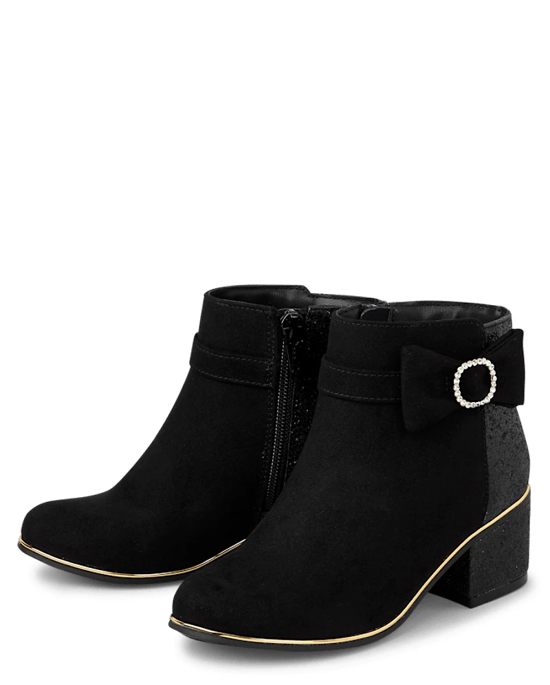 Girls Glitter Bow Low Heel Booties
