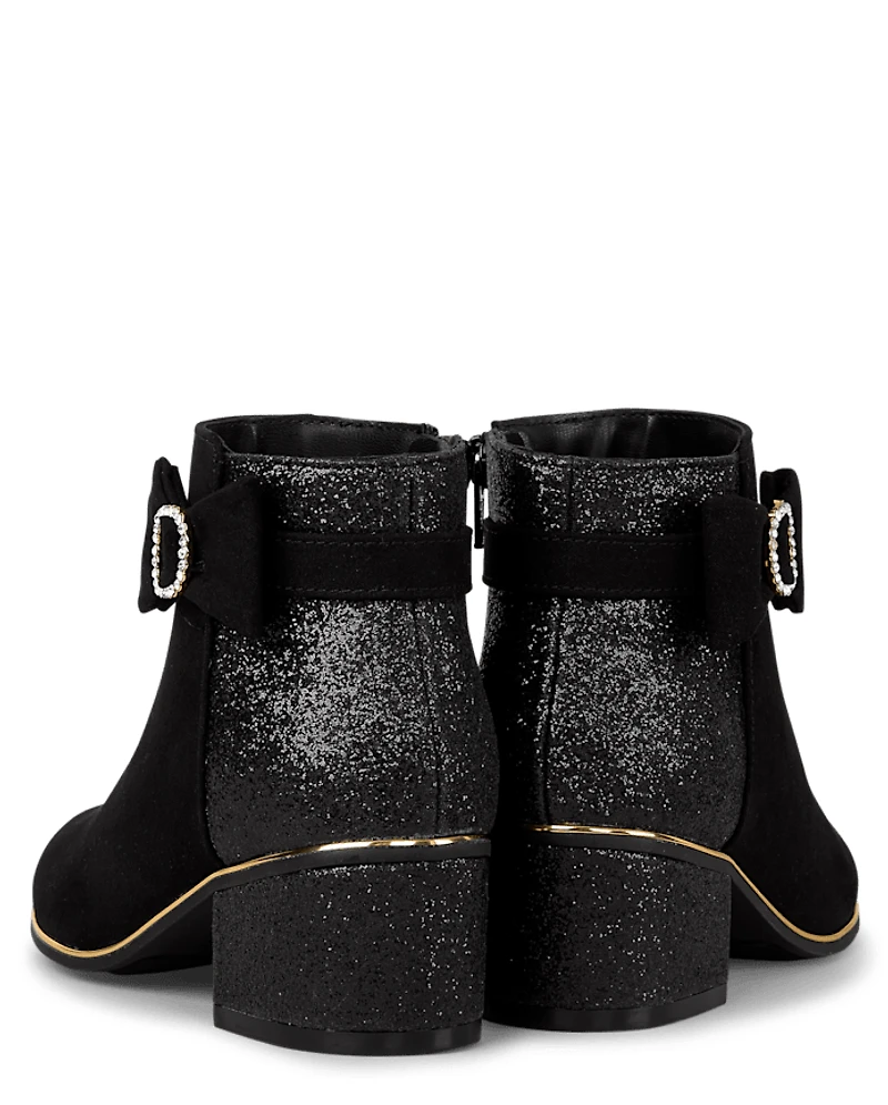 Girls Glitter Bow Low Heel Booties