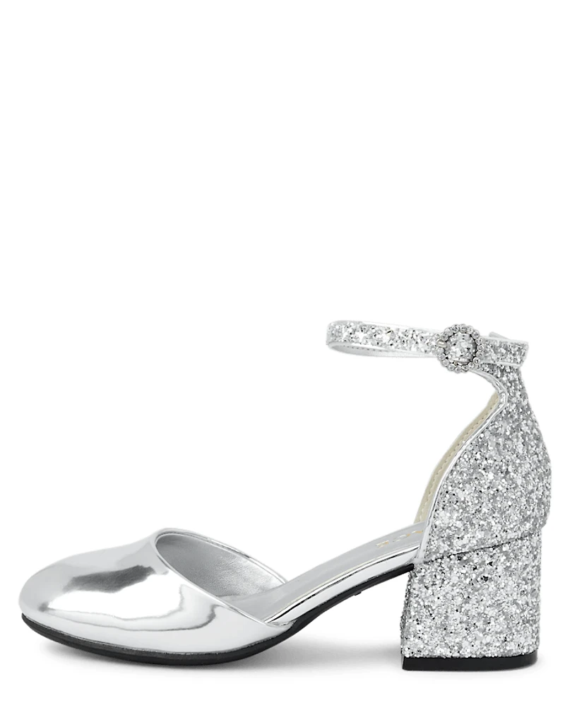 Girls Metallic Glitter Block Heels