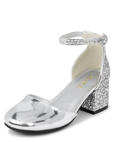 Girls Metallic Glitter Block Heels