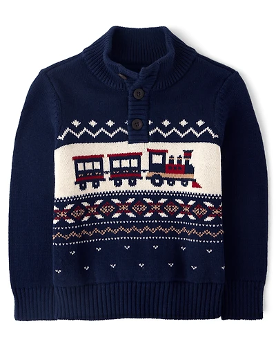 Toddler Boys Christmas Train Fairisle Mock Neck Sweater
