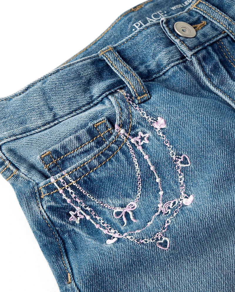 Girls Embroidered Chain Wide Leg Jeans
