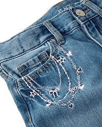 Girls Embroidered Chain Wide Leg Jeans