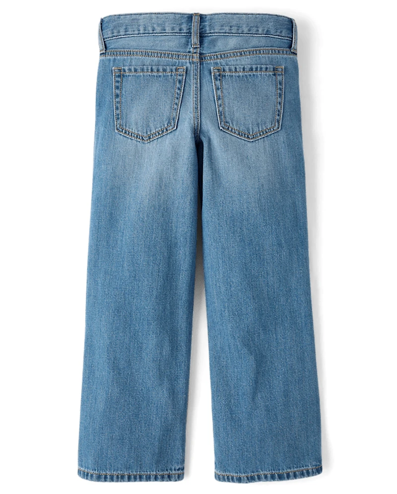 Girls Embroidered Chain Wide Leg Jeans
