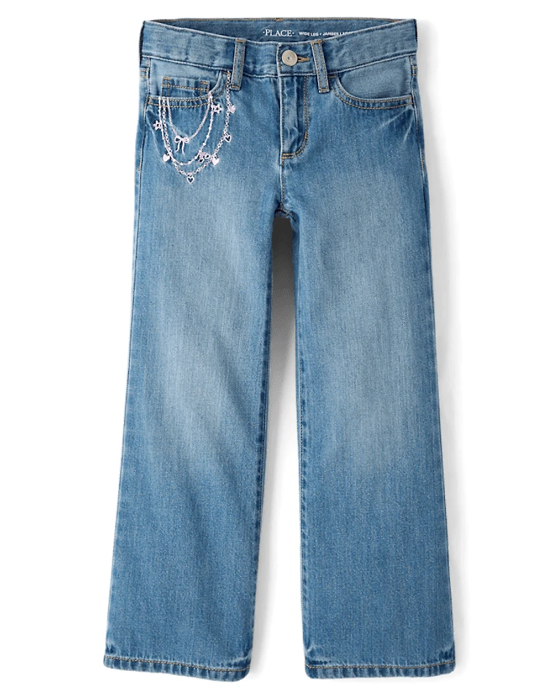 Girls Embroidered Chain Wide Leg Jeans