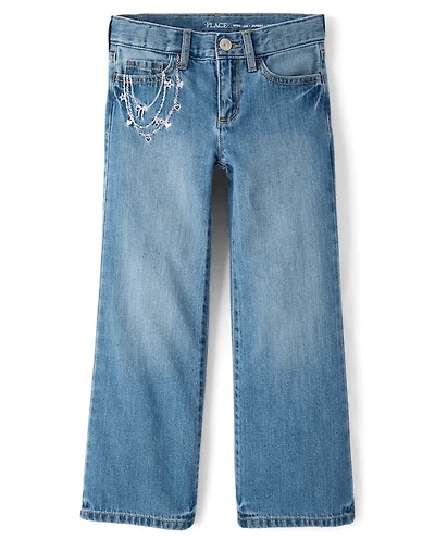 Girls Embroidered Chain Wide Leg Jeans