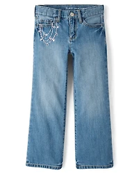 Girls Embroidered Chain Wide Leg Jeans