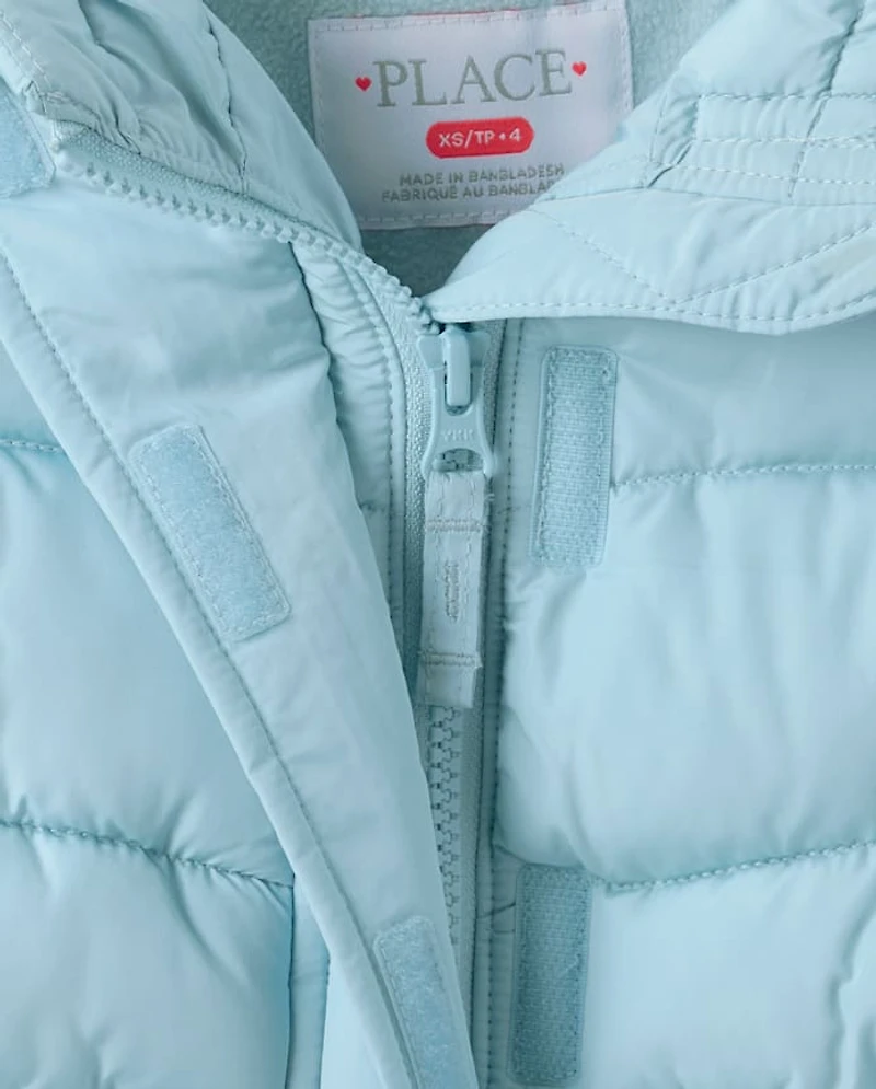 Girls Microfleece Lined Hooded Mid Length Puffer Jacket