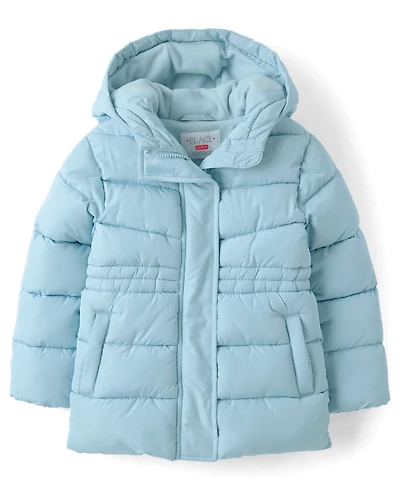 Girls Microfleece Lined Hooded Mid Length Puffer Jacket