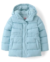 Girls Microfleece Lined Hooded Mid Length Puffer Jacket
