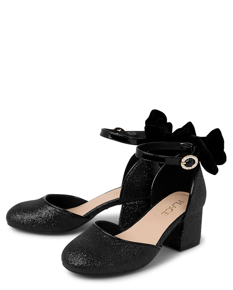 Girls Glitter Bow Block Heels