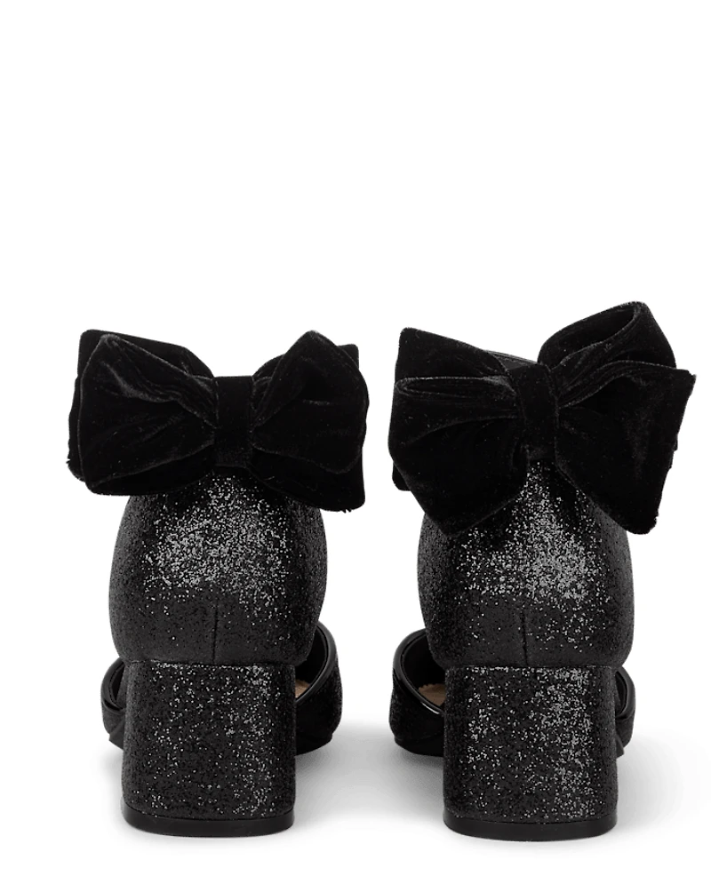 Girls Glitter Bow Block Heels