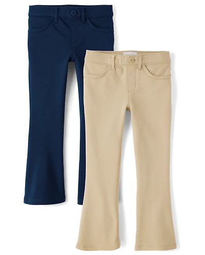 Girls Uniform Ponte Knit Pull On Flare Pants 2-Pack